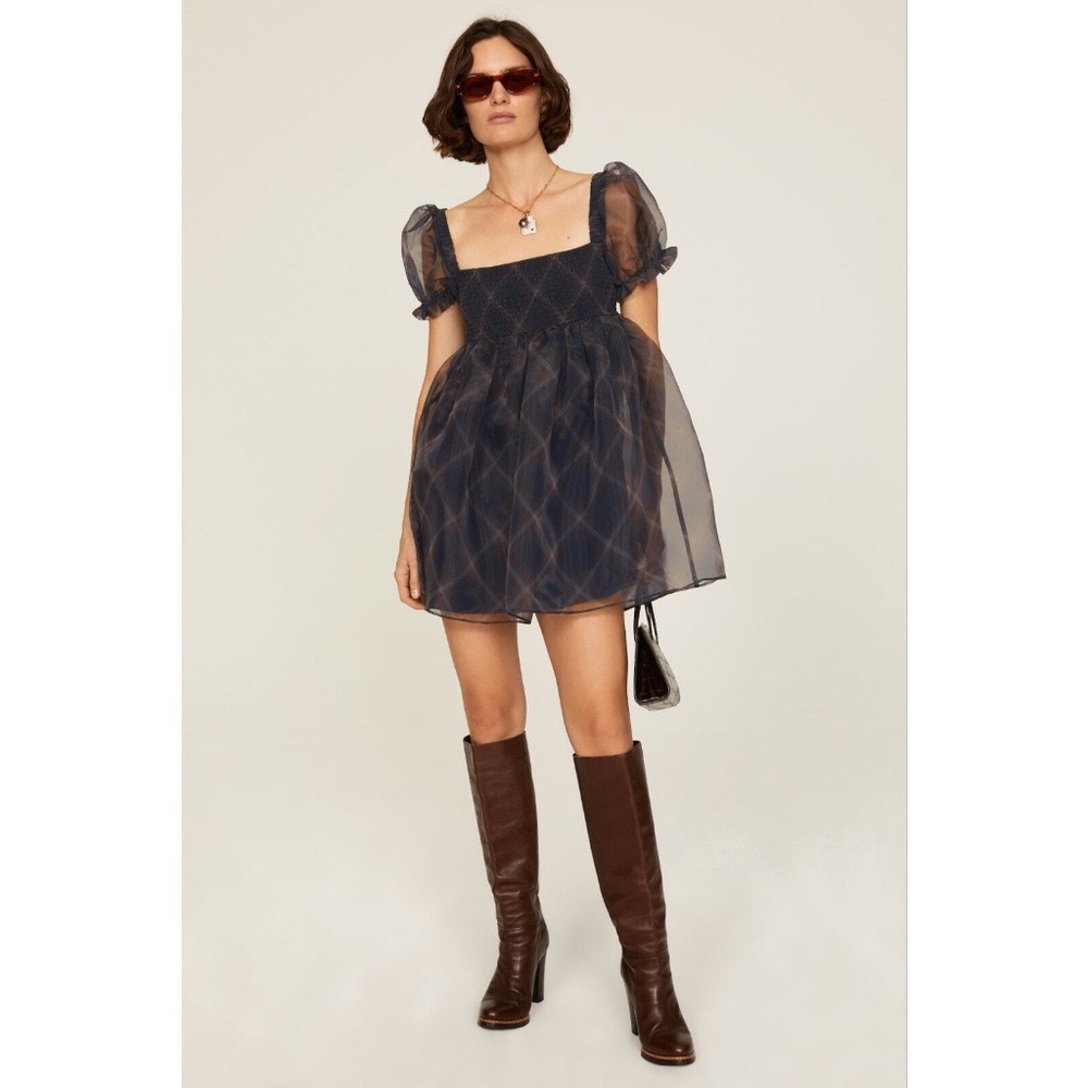 WeWoreWhat Puff Sleeve Organza Mini Dress Blue Plaid Small Frock Square Neck
